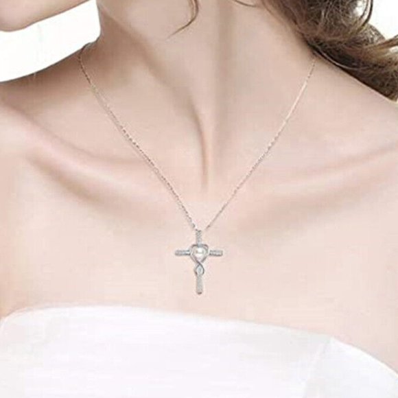 New Beautiful Sterling Silver Cultured Pearl CZ Cross Necklace - Picture 3 of 4